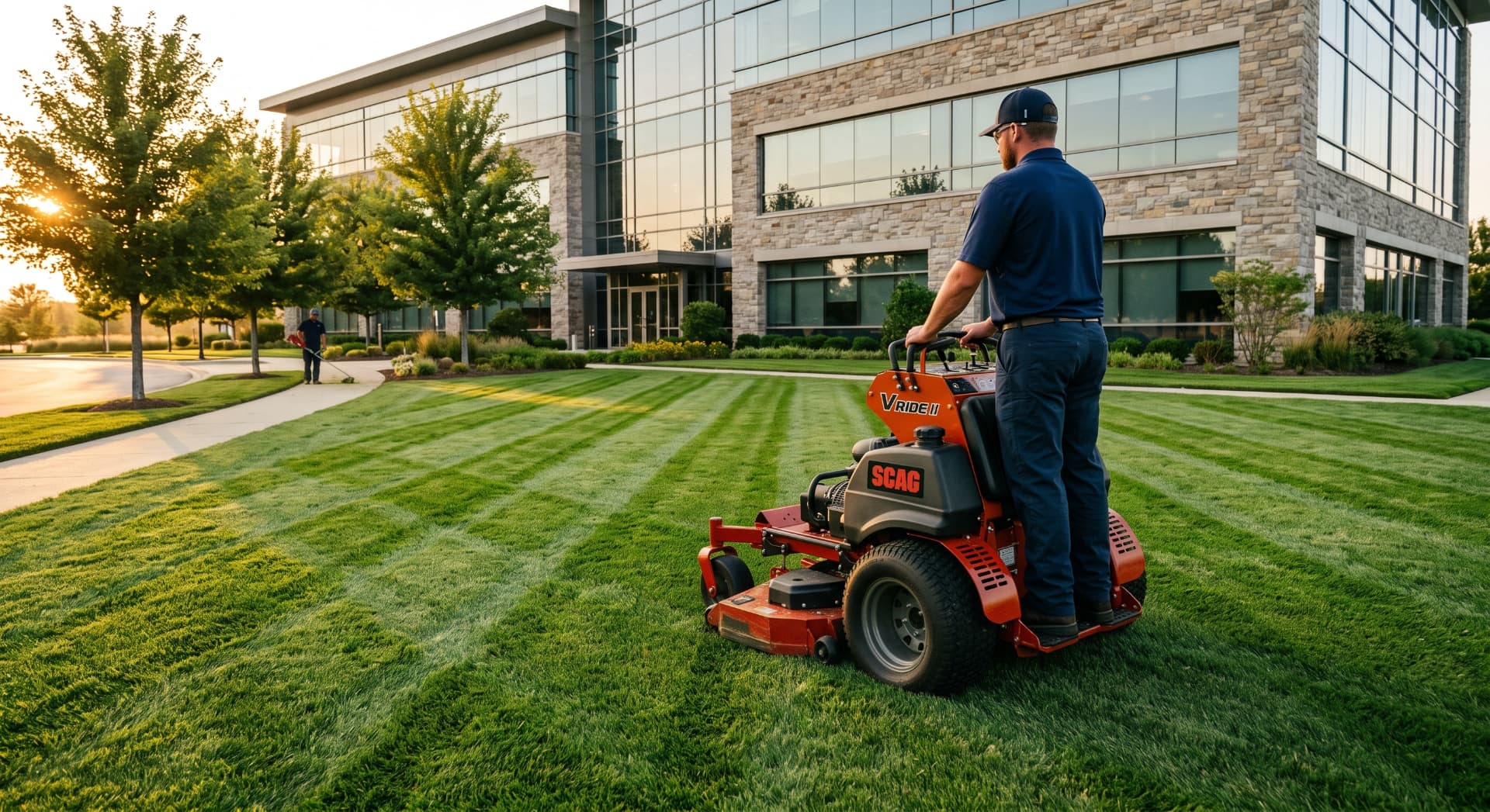 Action Landscape crew member mowing a striped commercial office campus lawn at sunrise