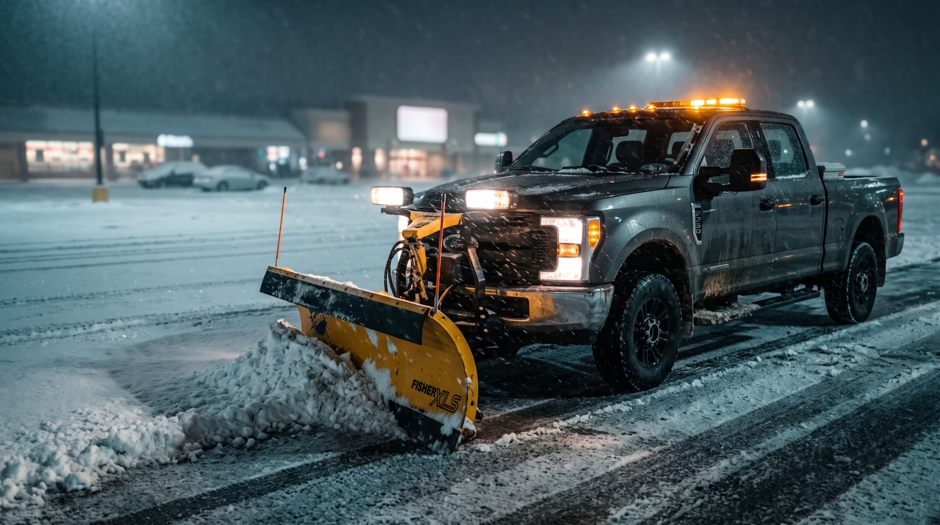 Plow truck clearing a commercial parking lot during a night snowstorm