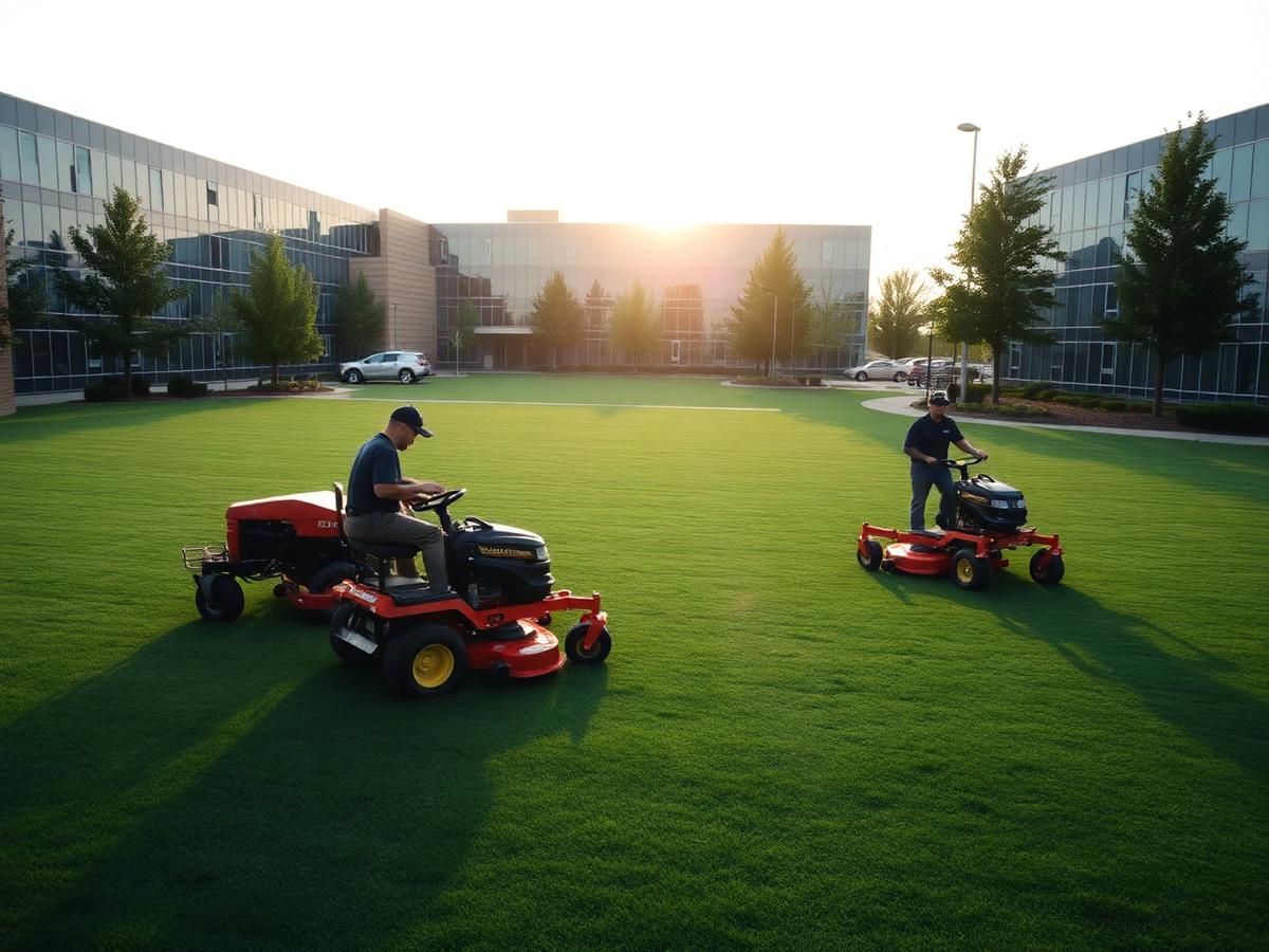 Landscape crew mowing a commercial office campus lawn