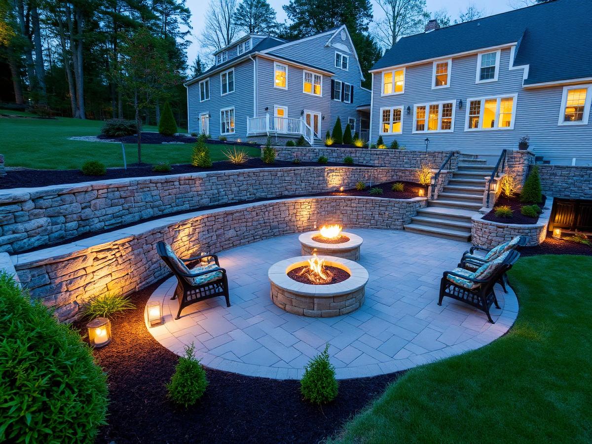 Stone retaining wall and paver patio with fire pit at dusk