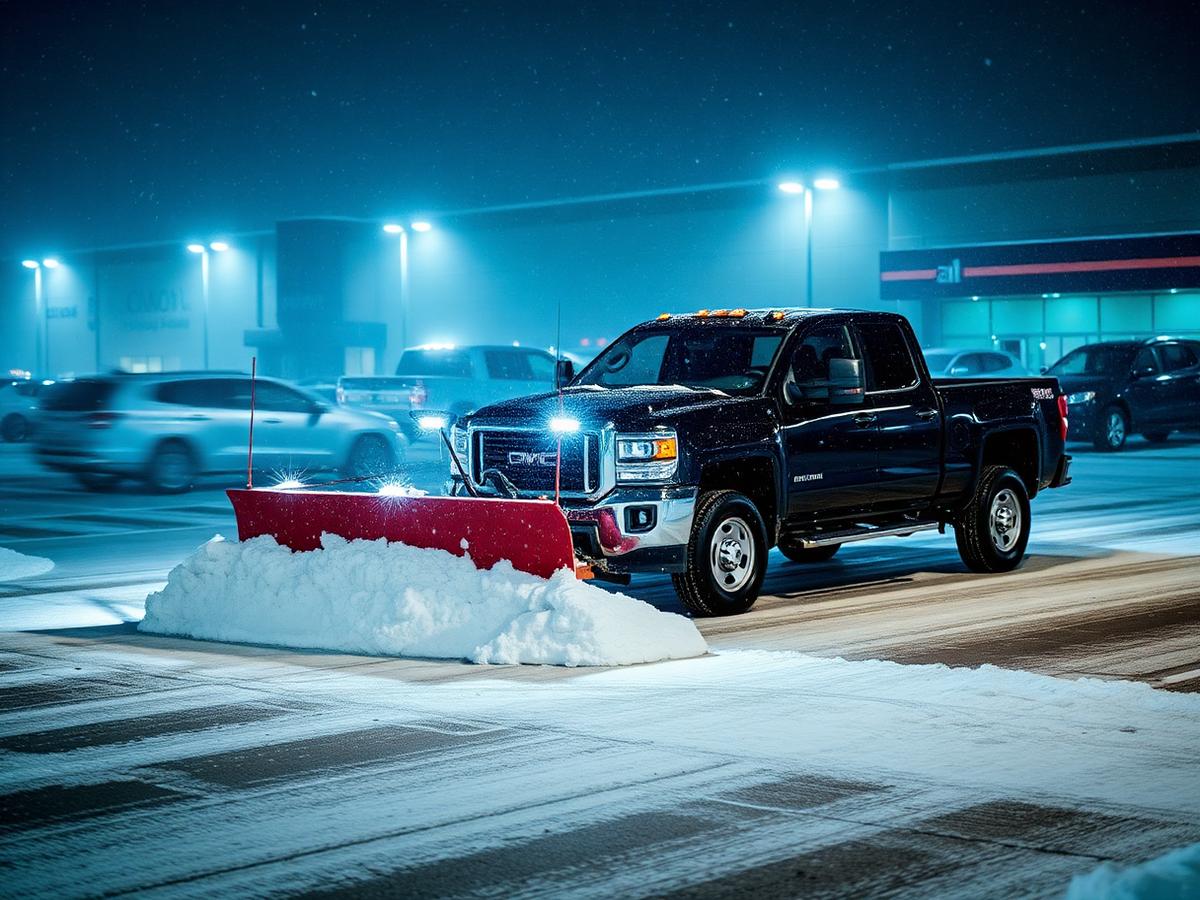 Plow truck clearing a commercial parking lot during a night snowstorm